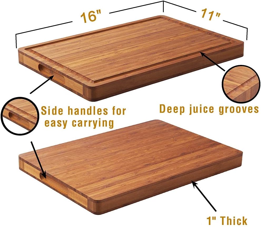 Bamboo Wood Cutting Board for Kitchen, 1" Thick Butcher Block, Cheese Charcuterie Board, with Side Handles and Juice Grooves, 16x11"