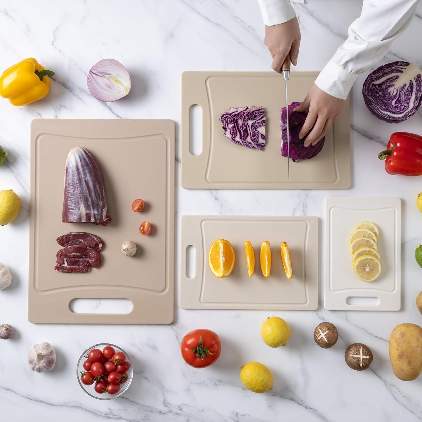 Non-Slip Cutting Board Set – Kitchen Essentials with Easy Grip Handle for Meat, Veggies, and Fruits, 4 Cutting Boards, Brown