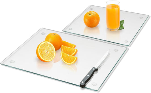 Tempered Glass Cutting Board for Kitchen, Clear Glass Board for Countertop, Heat Resistant, with Non-Slip Feet, 12x16" & 12x8" 2 Pcs Clear