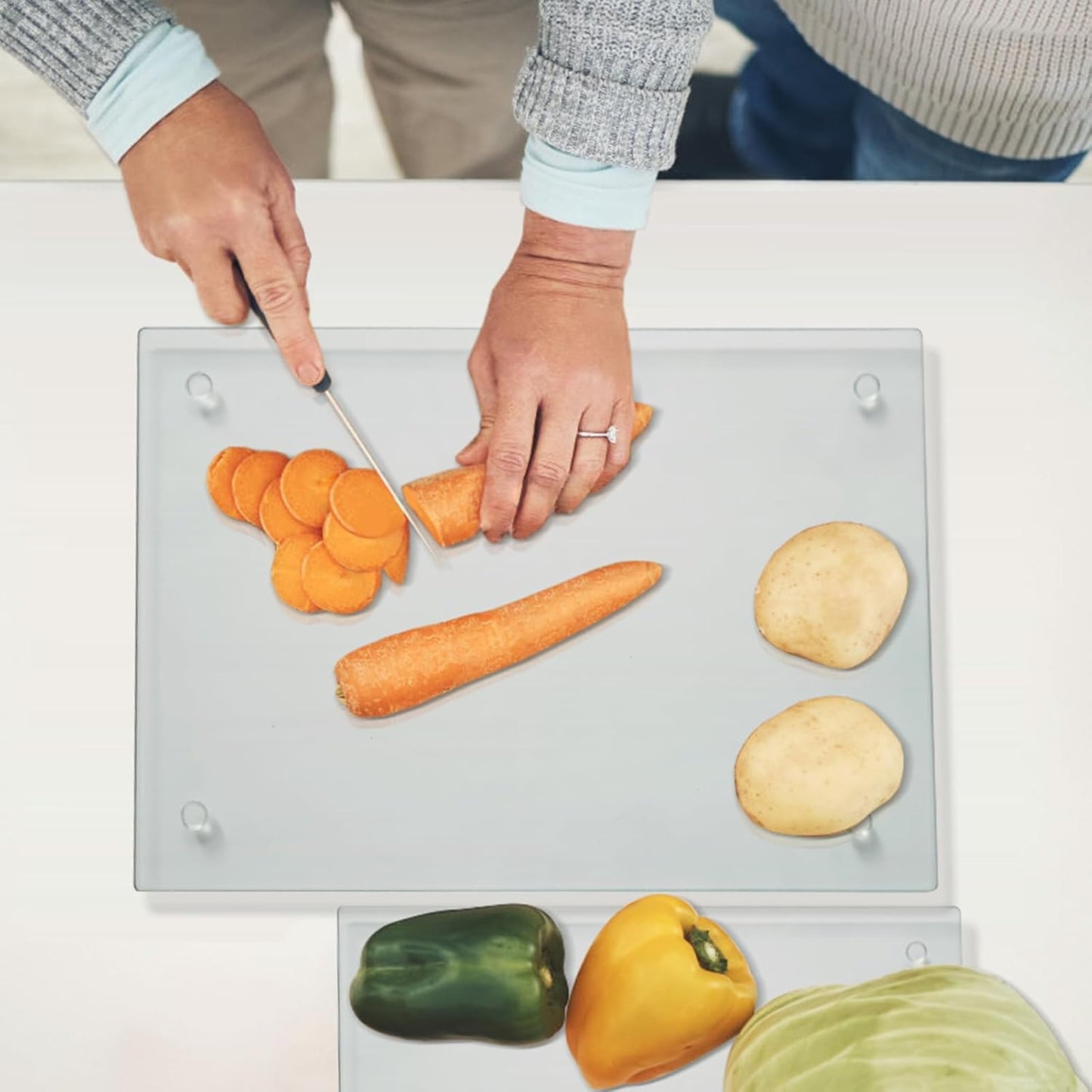 Tempered Glass Cutting Board for Kitchen, Clear Glass Board for Countertop, Heat Resistant, with Non-Slip Feet, 12x16" & 12x8" 2 Pcs Clear