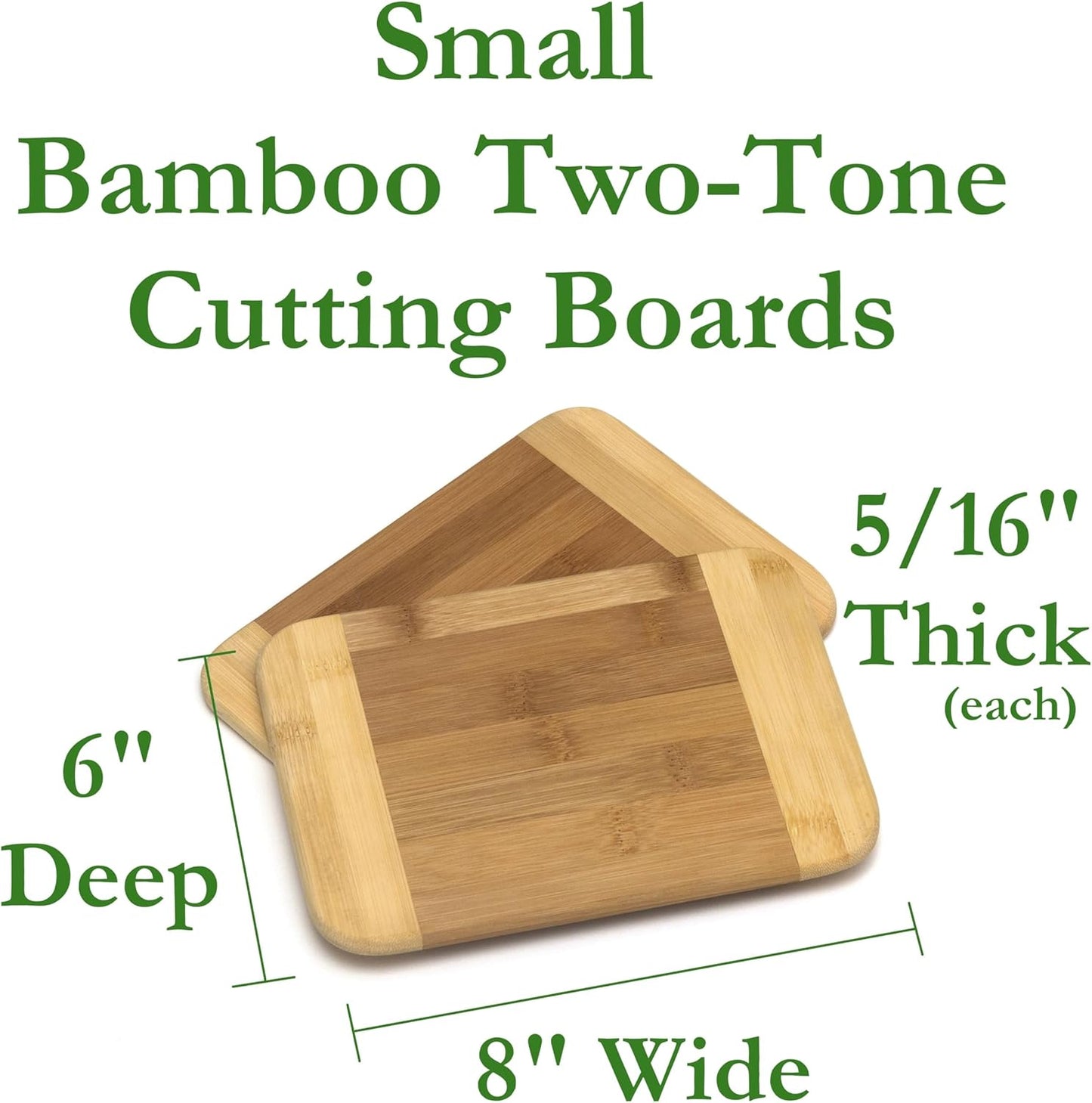 Bamboo Wood Two-Tone Kitchen Cutting and Serving Board, Small, 8" x 6" x 5/16", Set of 2