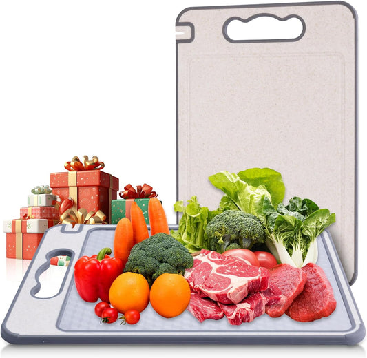 304 Stainless Steel Cutting Boards for Kitchen Dishwasher Safe, Chopping Board Double Sided Metal & Wheat Straw, Small Meat Vegetables Cutting Board with Juice Groove and Handle