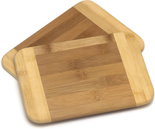 Bamboo Wood Two-Tone Kitchen Cutting and Serving Board, Small, 8" x 6" x 5/16", Set of 2