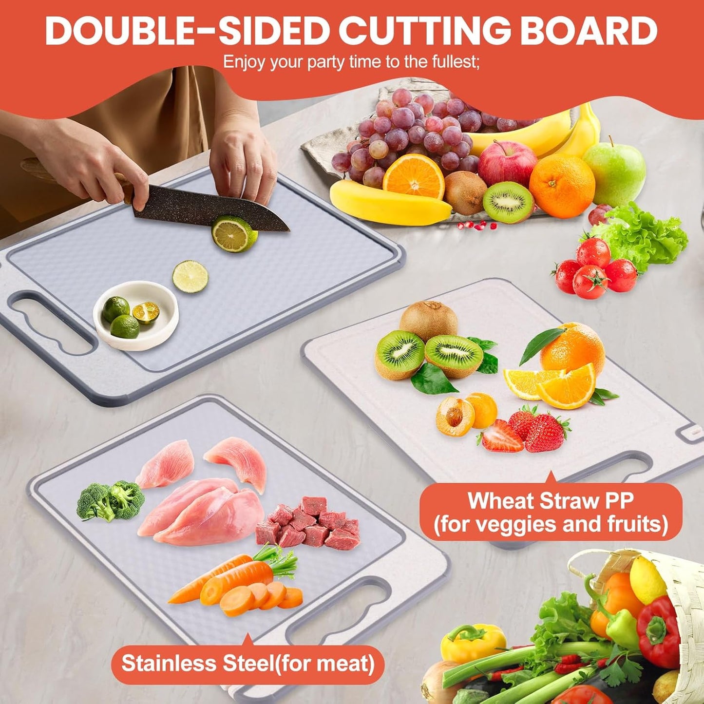 304 Stainless Steel Cutting Boards for Kitchen Dishwasher Safe, Chopping Board Double Sided Metal & Wheat Straw, Small Meat Vegetables Cutting Board with Juice Groove and Handle