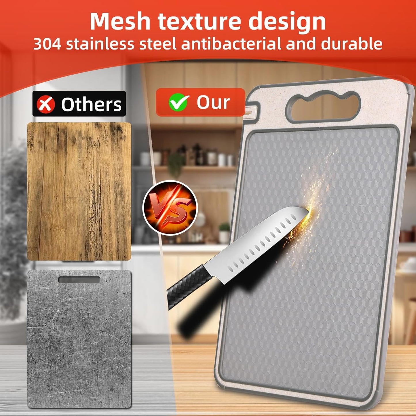 304 Stainless Steel Cutting Boards for Kitchen Dishwasher Safe, Chopping Board Double Sided Metal & Wheat Straw, Small Meat Vegetables Cutting Board with Juice Groove and Handle