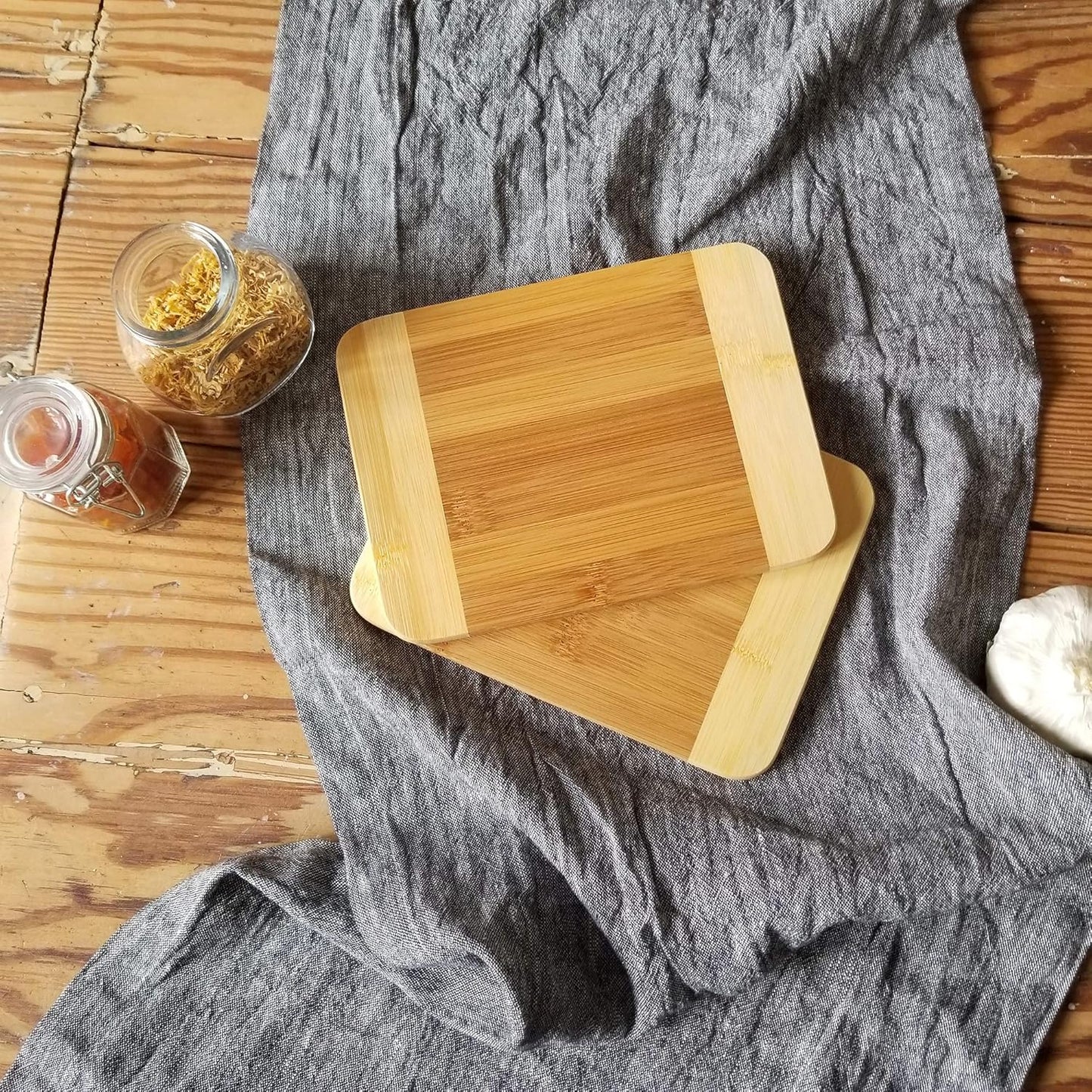Bamboo Wood Two-Tone Kitchen Cutting and Serving Board, Small, 8" x 6" x 5/16", Set of 2